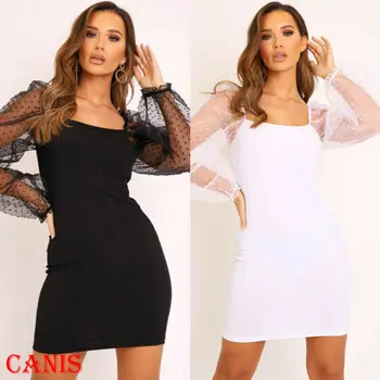 

Women Mesh Long Sleeve Dresses Fashion Ladies Sexy Stretch Bodycon Evening Party Club Mini Dress Female Casual Pencil Clothes