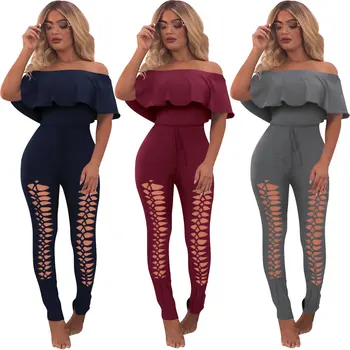 

One Piece Jumpsuit Long Jumpsuits for Women 2020 Summer Off Shoulder Ruffle Ripped Romper Salopette Femme Combinaison Sexy Femme