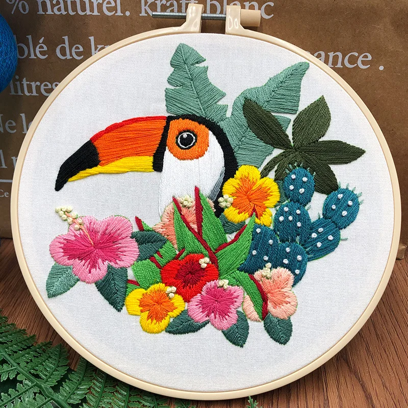 DIY Embroidery Kit for Beginner with Flowers and Birds Pattern plastic Embroidery Hoop Color Threads Cross Stitch Kit