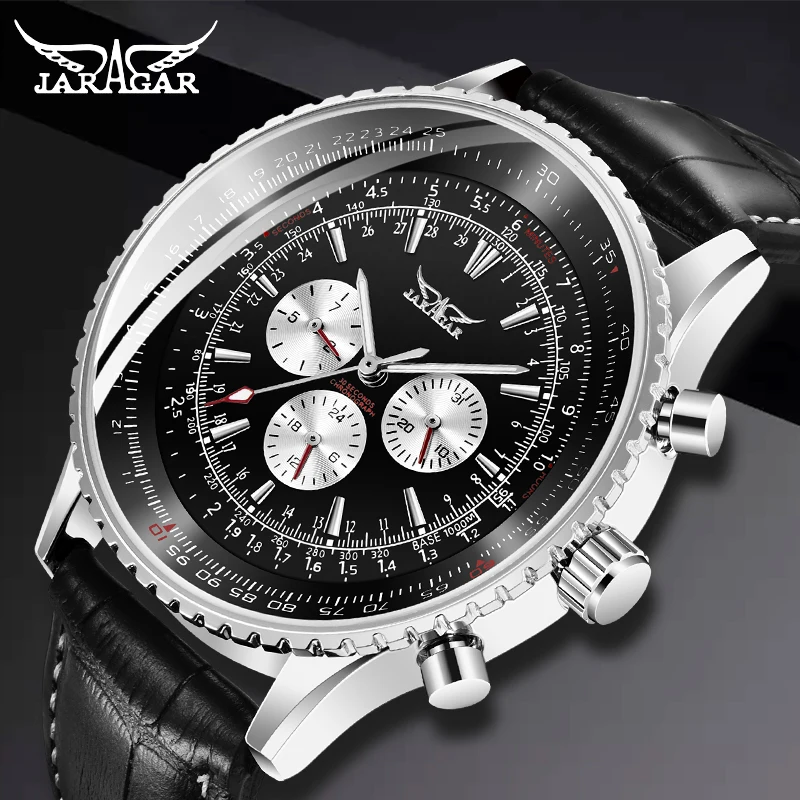 

JARAGAR Brand Luxury Men Mechanical Watches Men's Automatic 6 Hands Genuine Leather Strap Watches Black Auto Date Wristwatch
