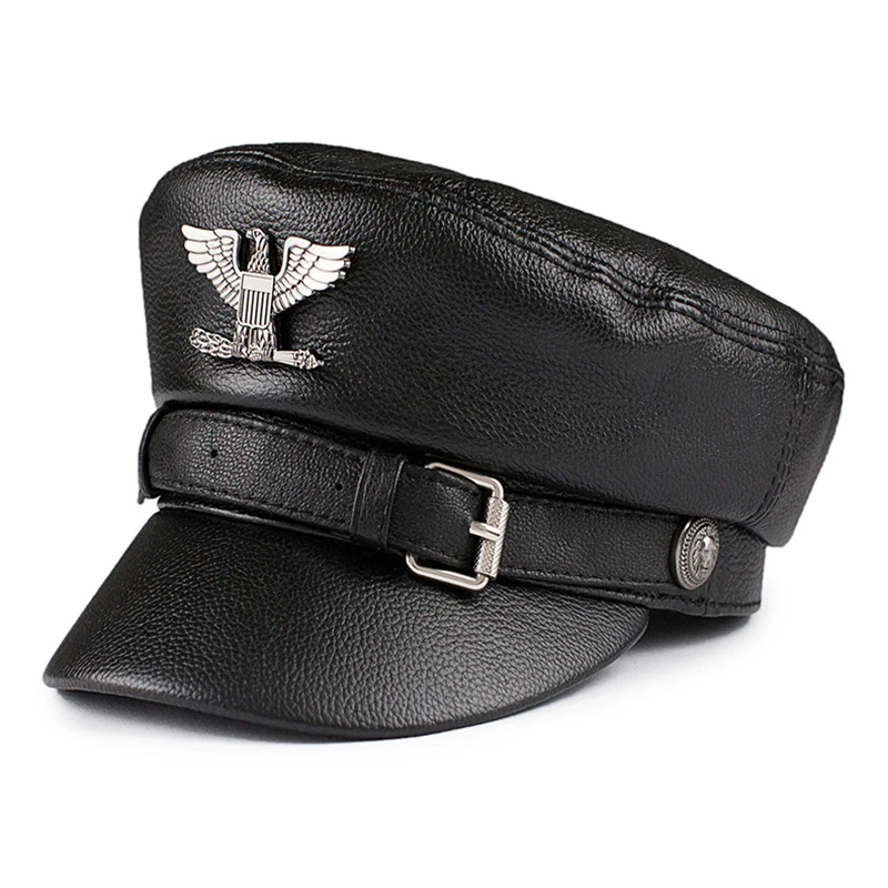 German Military Hats Men's Eagle Mark Genuine Leather Flat Top Caps