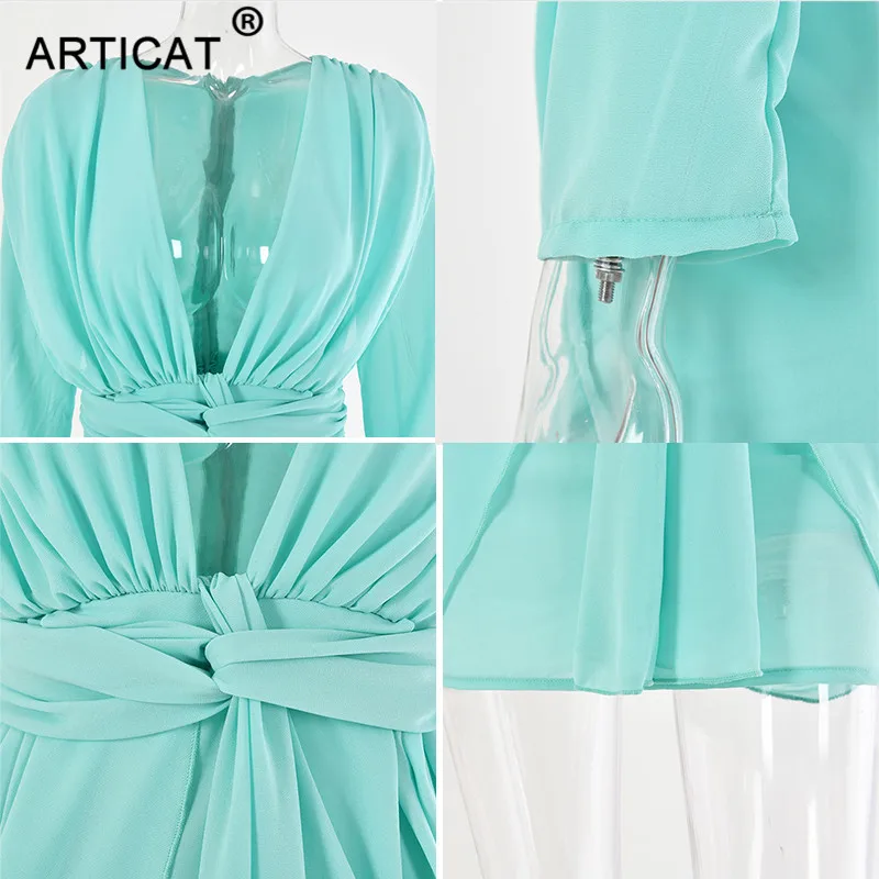 Articat глубокий v-образный вырез сексуальное Бандажное платье для женщин длинный рукав шнурок мини облегающее платье элегантные сетчатые плиссированные вечерние платья