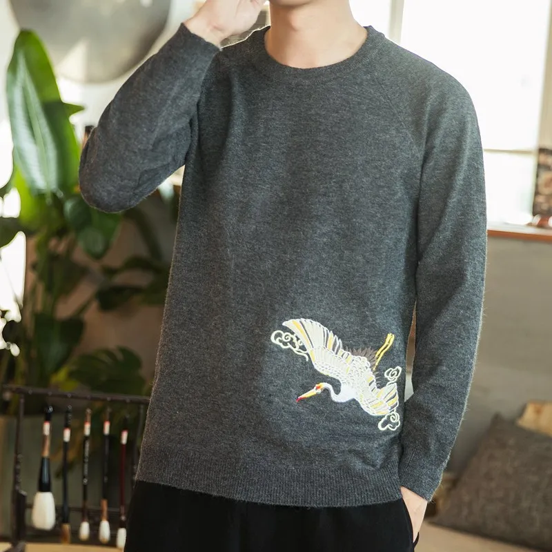 2019 Style Chinese Crane Print  Fashion Men Sweater Streetwear Casual Clothes Knitted Pullovers For Autumn Winter