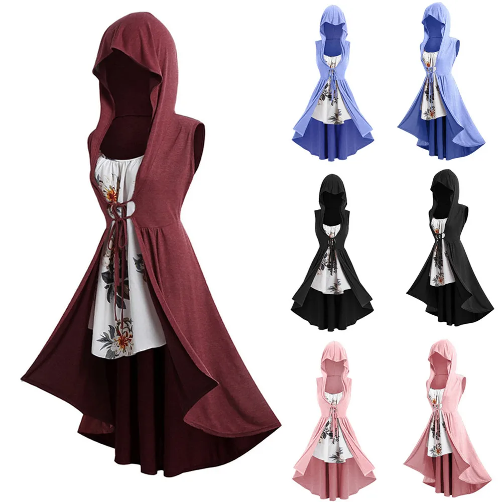 

Halloween Cosplay Retro Womens Medieval Costume Adults Cosplay Fancy Party Sleeveless Hooded Dress