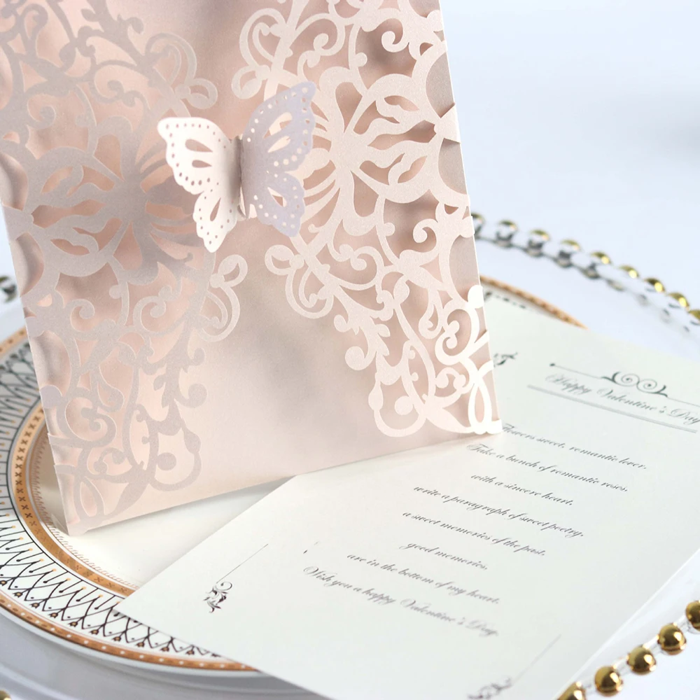 10pcs Cover + Inner Page + Envelope Paper Butterfly Cut Wedding Invitation Card With Ribbon Persona - 4000268571955