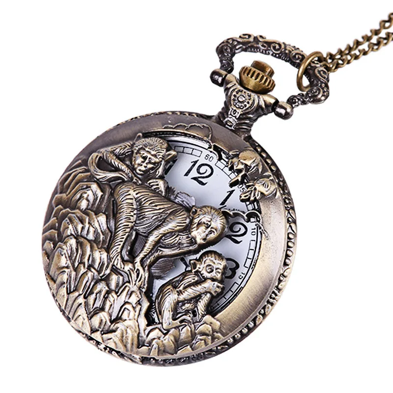 

Quartz pocket watch retro craved the three monkey pick peaches Bronze White Surface Quartz Pocket Watch