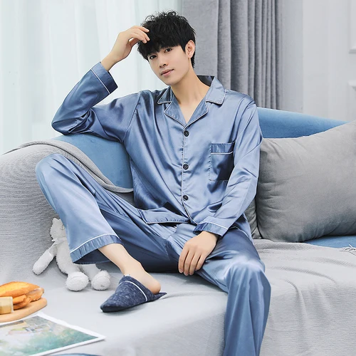 Sexy satin couple pajamas set Silk Pajamas For Women and men Lovers long sleeved autumn Pyjamas Sleepwear Sets Pijama Mujer - Цвет: 8106yanhui