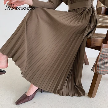 

Hirsionsan Chic Shirt Dresses Women 2020 Korean Vintage Elegant Autumn Winter Dress Office Lady Waistband Solid Pleated Dresses