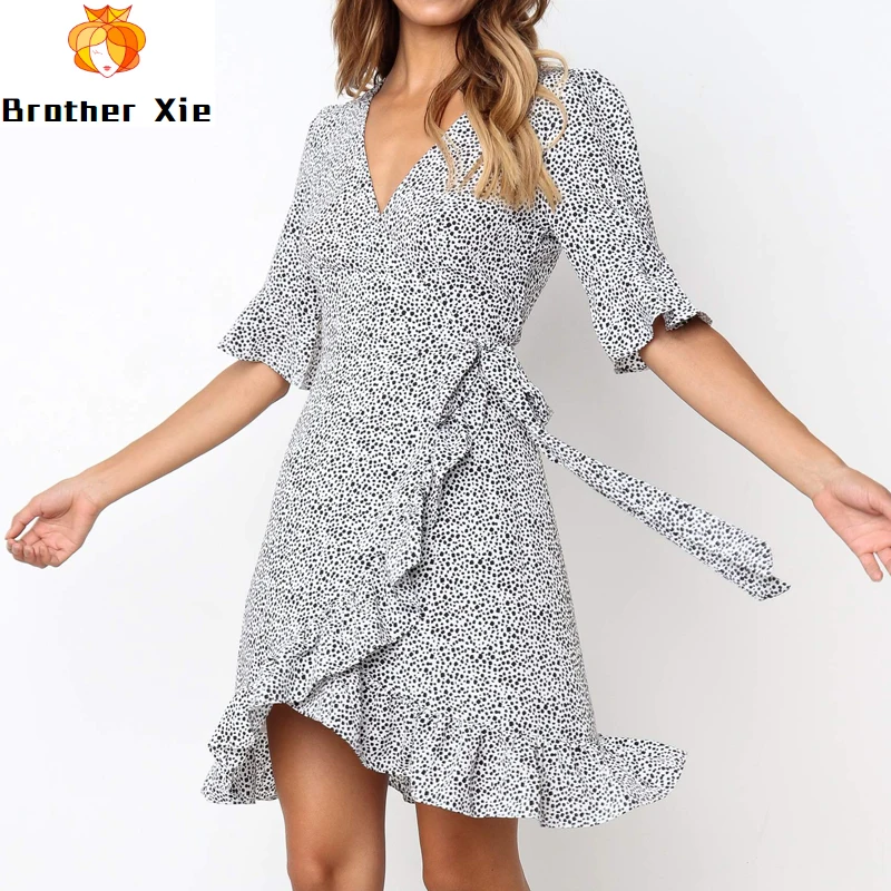

Summer Dress 2020 Women Polka Dot Boho Ruffle Short Sleeve Beach Dress Sexy Deep V Neck Mini Party Dresses Sundress Vestidos