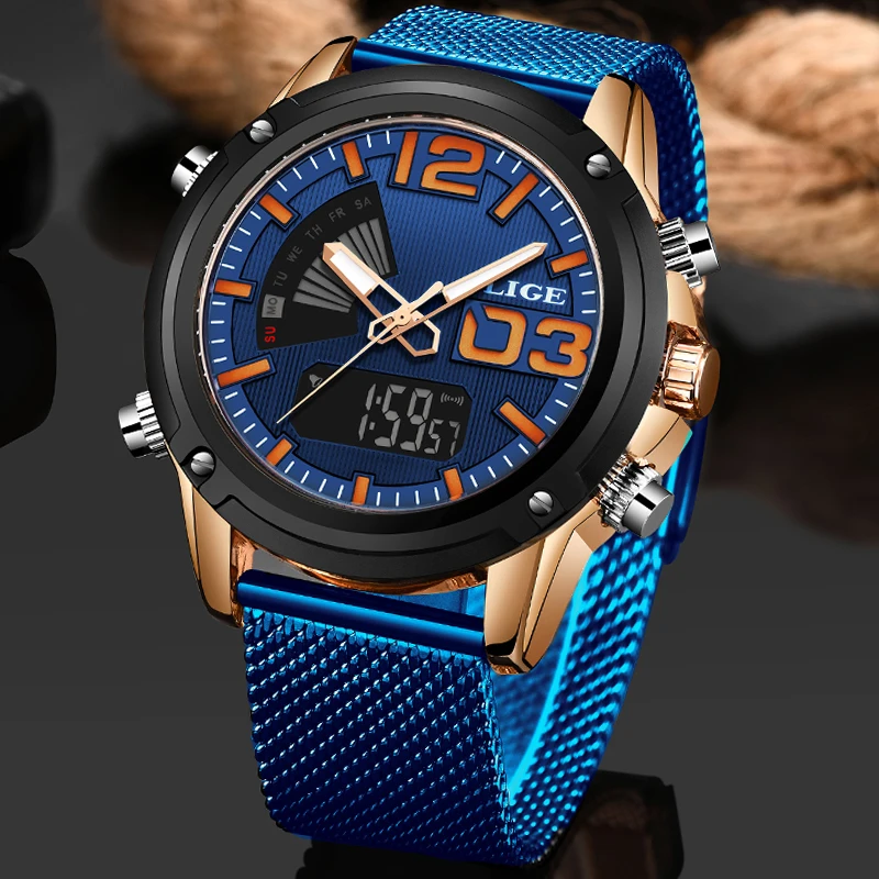 

2019LIGE New Watches Mens Top Brand Luxury Fashion Men Watch Analog Quartz Dual Display Waterproof Blue Watch Relogio Masculino