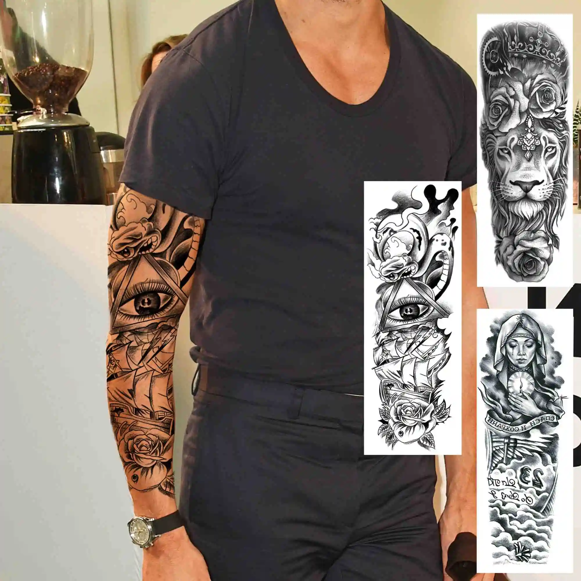 Mangas de tatuaje de brazo completo para hombres y mujeres, tatuajes  temporales de mal de ojo, negro, realista, DIY, cobertura corporal -  AliExpress