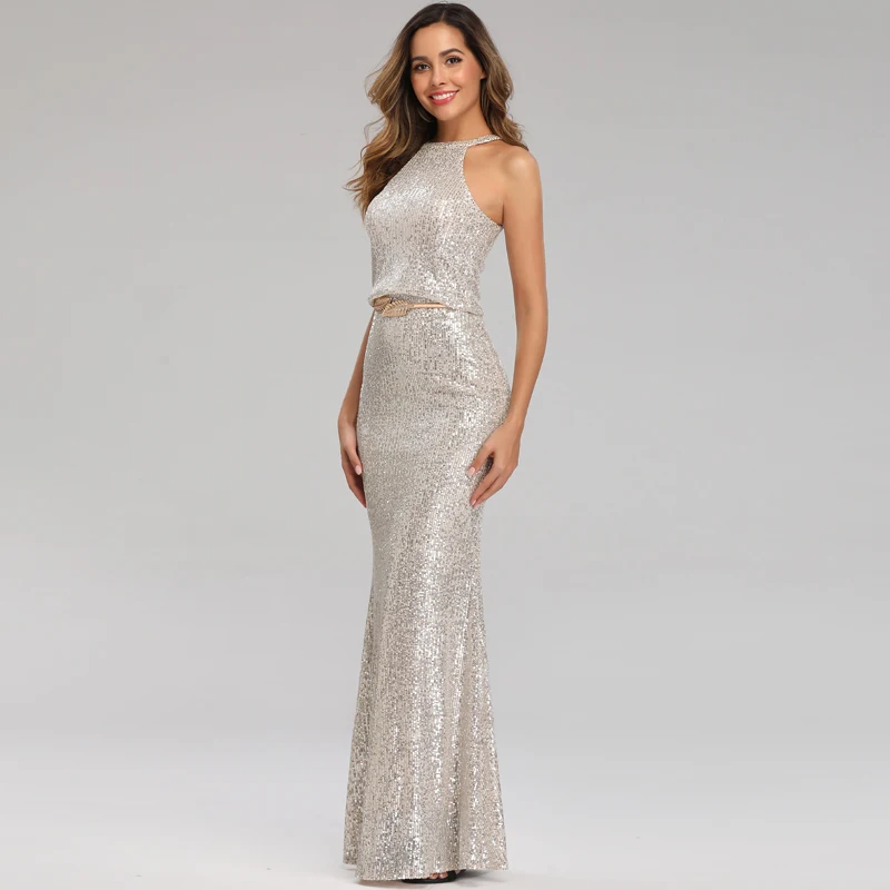 С открытыми плечами Серебряное Вечернее платье с блестками YIDINGZS сексуальное длинное официальное вечернее платье 2019