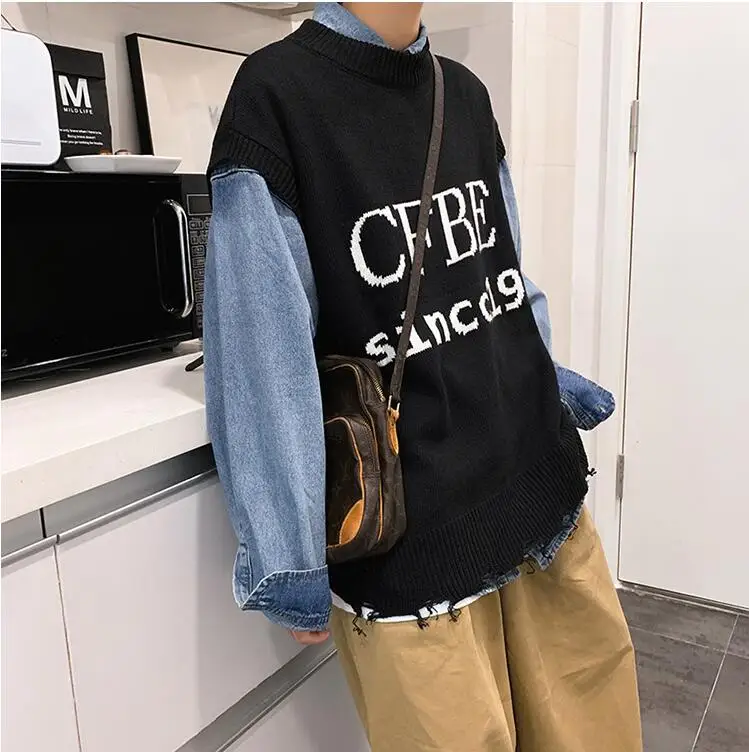 M-2XL!Autumn and winter tide sleeveless sweater men's sweater loose Korean version of the trend vest vest loose sweater male