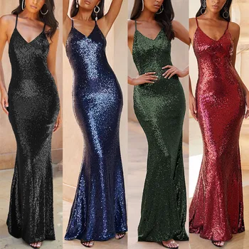 

Floor-Length Women's Sexy Dress V-Neck Spaghetti Straps Crisscross Backless Dresses Sparkly Sequin Sheathy Femme Dress vestido