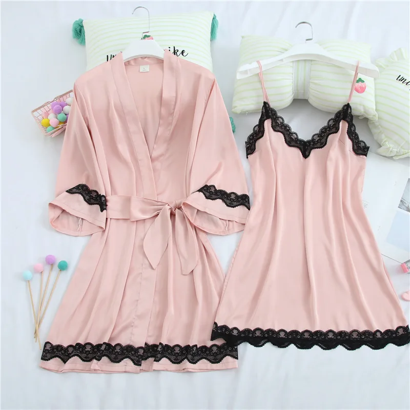 

Missyou Women Nightgown Sets 2 Pieces Nightdress Bathrobe With Chest Pad Female Satin Kimono Bath Gown Sleepwear Pink Robes Suit