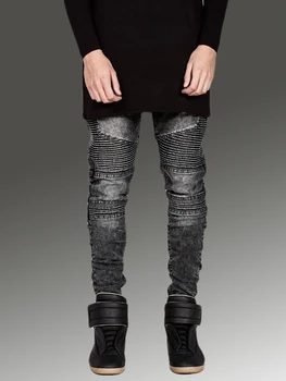 

Pleated Decoration Men Racer Biker Jeans Fashion Hiphop Skinny Jean For Men Streetwear Elastic Hombre Slim Pants Black Gray Blue