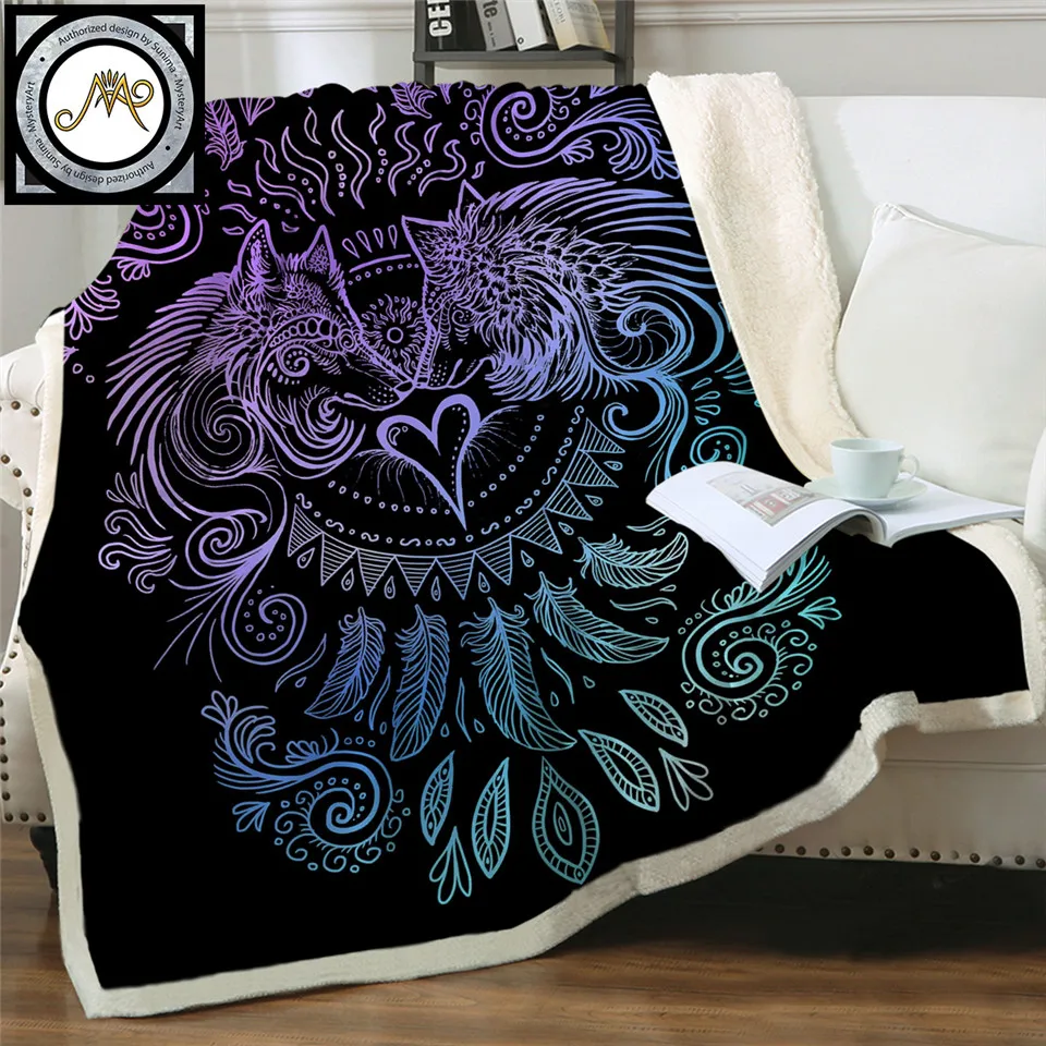 SunimaArt Throw's Wolfheart Blanket Blue and Purple Home Textiles Bohemian Tribe Sherpa Flannel | Дом и сад