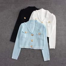 

High Quality Women Fashion Autumn Winter Sweet Cute Metal Buttons Ice Silk Short Knitted Cardigan Sweater Jakcet Coat Tops