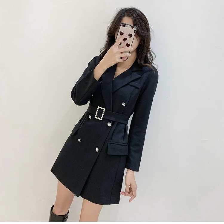 

2020 Spring And Autumn New Style Star Celebrity Style Black And White with Pattern Diamond Buckle Suit Dress Slimming Fashion An