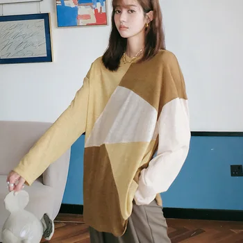 

LANMREM 2020 autumn new long-sleeved round collar sweater women's Korean loose size color block pachwork knitted base tops 2A721