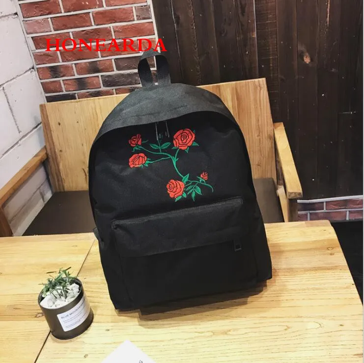black backpack 100 шт Harajuku роза Вышивка Рюкзак белый черный женский туристический рюкзак для студентов холст двойная сумка - Цвет: black backpack