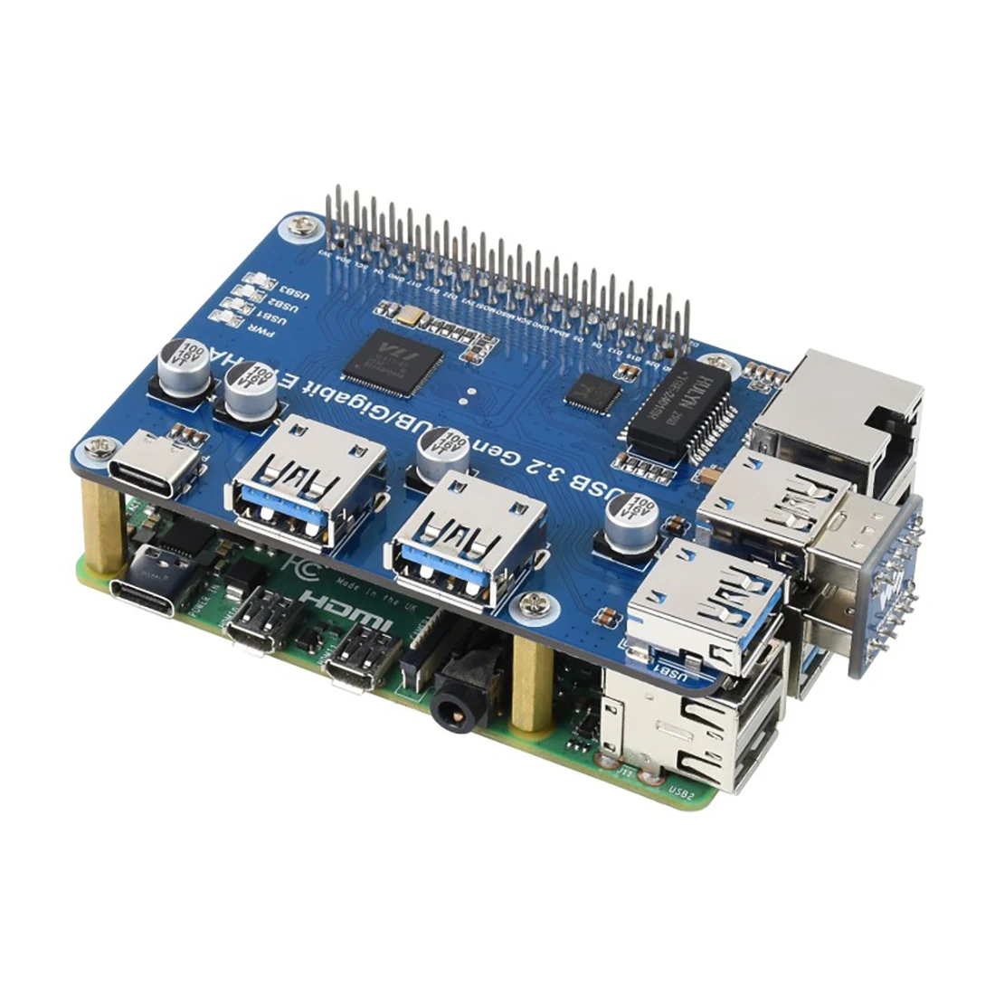 USB 3.2 Gen1 And Gigabit HUB HAT for Raspberry Pi, 3xUSB