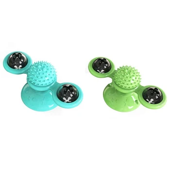 

2Pcs Windmill Cat Toy Turntable Teasing Pet Toy Scratching Tickle Cats Hair Brush Funny Cat Toys - Blue & Green