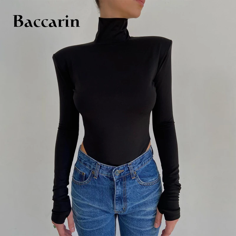 

Baccarin Solie Women Backless Bodysuit Long Sleeve Shoulder Pad Turtleneck Bodycon Sexy Party Elegant Autumn Winter Body Basic