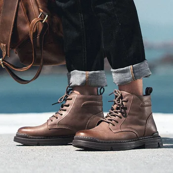 

New Genuine Leather First Layer Martin Boots Mens round Head Lace up Motorcycle Shoes Waterproof Worker Boot Outdoor Boot