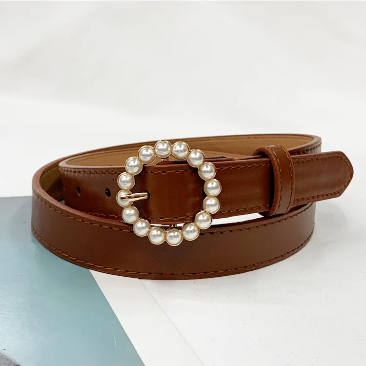 style 3-Brown Роскошный кожаный ремень женский пояс черные красные пояса для платья джинсы женские жемчужные шипованные пряжки для девушек Дамская мода декоративные - Цвет: style 3-Brown
