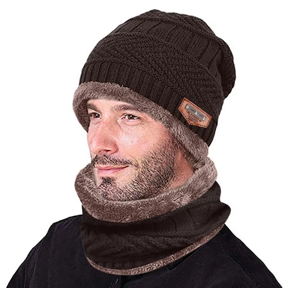 Зимняя Лыжная шапка, шарф, набор, мужская теплая шапка, зимняя утолщенная шапка и шарф, двухкомпонентная вязаная ветрозащитная шапка, шапка, мужская зимняя шапка - Цвет: C