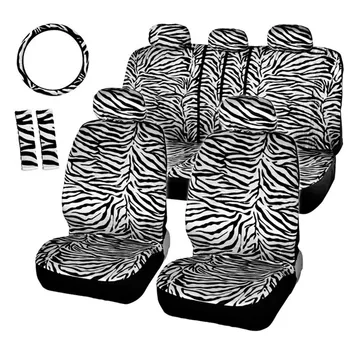 

12 Pcs Full Set Car Seat Covers With Seat Belt Pads, 15"Steering Wheel Cover Leopard/Zebra Print Universal Fit Car-Styling