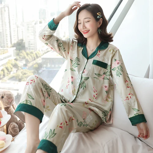 Шелковый пижамный комплект с длинными рукавами размера плюс 3XL 4XL, весенне-осенняя шелковая одежда для сна, красивая розовая пижама для девочек - Цвет: C HT 251