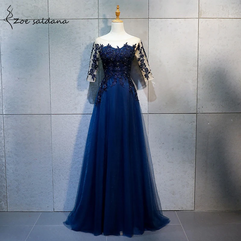

Zoe Saldana Evening Party Dresses o-neck half sleeve Appliques tulle Host Banquet Dress Prom Gowns Robe De Soiree navy blue