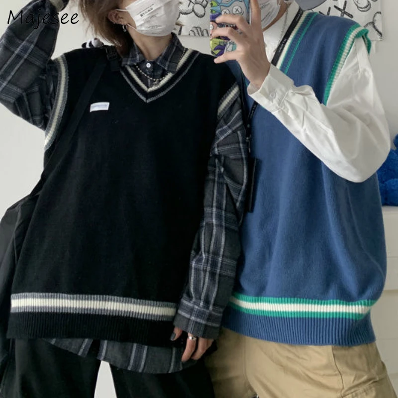 

Sweater Vest Men V-neck Shrug Patchwork Knitted Couples Ins Plus Size 3XL Oversize Harajuku Vests Ins Chic Korean Style Leisure