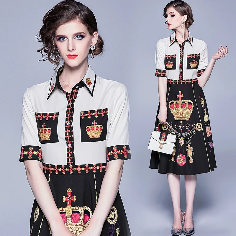 

1042 Ozhouzhan New Style Women's Dress Fold-down Collar Crown Printing Waist Hugging Debutante Short-sleeve Dress