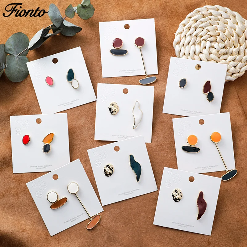 

FIONTO New Design Vintage Colorful Enamel Irregular Geometric Asymmetric Oval Round Long Stud Earrings Women Jewerly CE0987/5