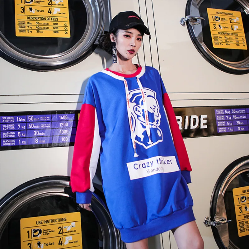 5539 зимняя Длинная толстовка женская синяя Harajuku Хип-хоп толстовка с принтом корейский стиль уличный сверхразмерный свободный свитер