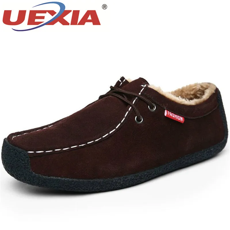 UEXIA/большие размеры; зимние плюшевые теплые мужские туфли из коровьей замши для вождения; модные повседневные мужские кожаные кроссовки на плоской подошве