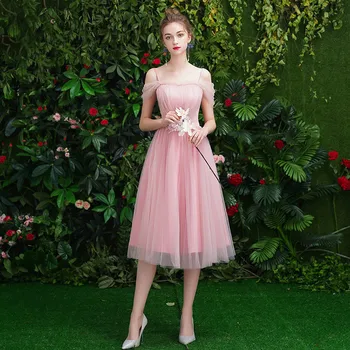 

Bridesmaid Dresses Cameo A Line Tea- Length Women Wedding Party Gown Sexy O-Neck Sling Half Sleeve Elegant Vestido De Festa R002