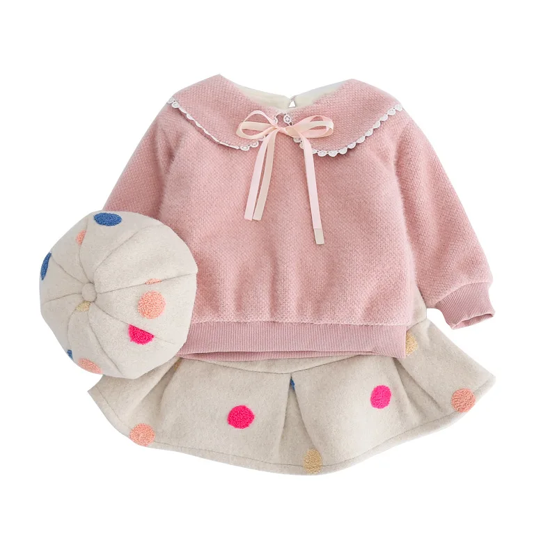 Зимняя бархатная футболка для девочек+ юбка+ шапка; комплект из 3 предметов; детская утепленная флисовая плиссированная юбка с оборками; милый детский костюм