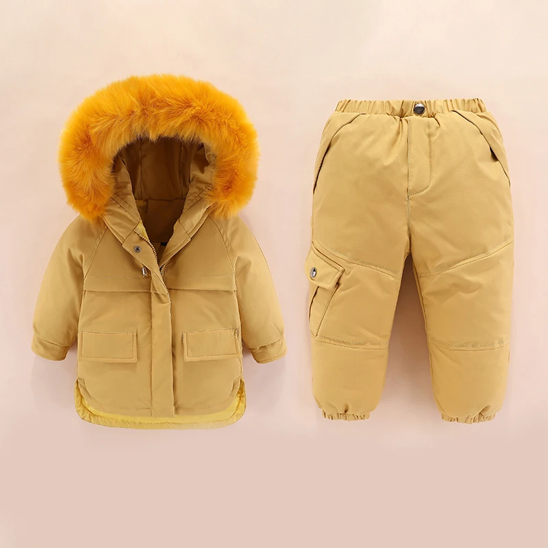 Одежда для маленьких мальчиков комплекты одежды для маленьких девочек-30 градусов, Россия, зимние пуховики пальто с капюшоном+ комбинезон, детский зимний костюм - Цвет: Цвет: желтый