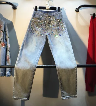 

2020 Spring Summer New Denim Trousers Woman Jeans Diamond Beads Sequin Elasticity Capri Jean Pants Lady Ninth Pants Femme Jeans