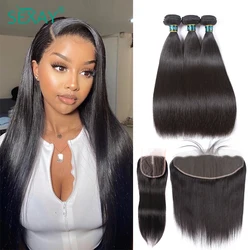 Sexay 32 Straight Bundles With Closure Remy Brazilian Hair Extensions Human Hair 3 4 Bundles With 13x4 Lace Frontals Pre Plucked