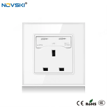 

NOVSKI Crystal Glass Panel 13A UK Switched Socket Wall Dual USB Outlet, 110v - 250v Grounded White Black