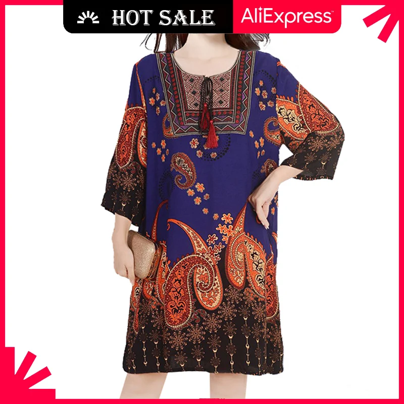 MOVOKAKA-vestido de verano de talla grande, azul, bordado, Vintage, elegante, suelto, informal, de playa, para fiesta, 2021
