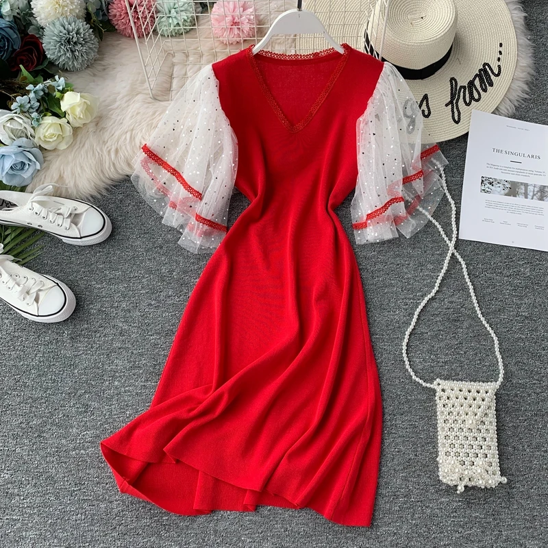 ALPHALMODA/ г., летнее и осеннее трикотажное платье с расклешенными кружевными рукавами в стиле пэчворк милое вязаное платье феи для девочек, Vestidos, приталенное платье