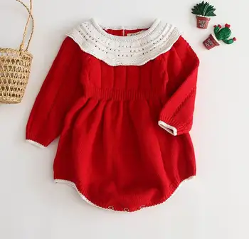 

Red Knitting Baby Girl romper 2020 Spring New Sweater Thick Long Sleeve Princess Bodysuit Baby Clothes 0-3T E91027