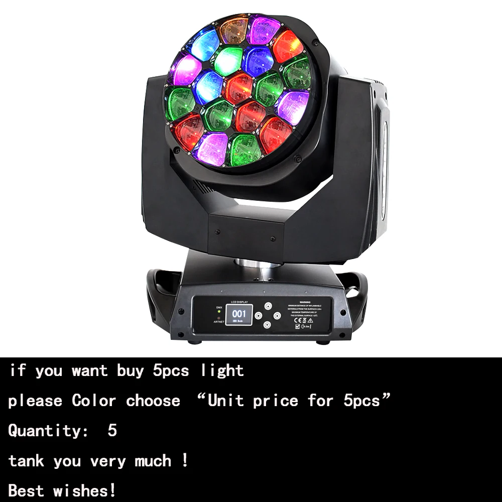 Unit price for 5pcs Лира луч led движущаяся голова большой пчелиные глаза высокий яркий 19x15 Вт rgbw quad 4в1 dmx мыть сценическое освещение для dj - Цвет: Unit price for 5pcs