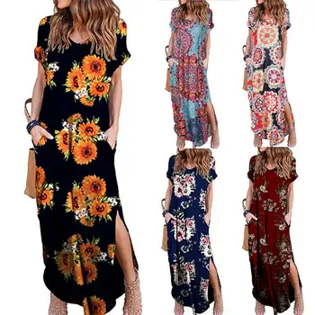 

Plus Size Women Loose Long Maxi Floral Dress Short Sleeve Oversize Party Shirt Sundress Vintage A-Line Tunic Beach Vestidos